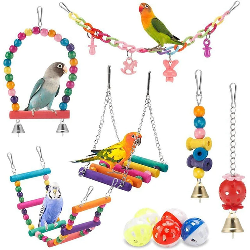 Bird Cage Toys for Parrots Wood Birds Swing Reliable Chewable Bite Bridge Wooden Beads Shape Parrot Toy 11Pcs Bird Toys