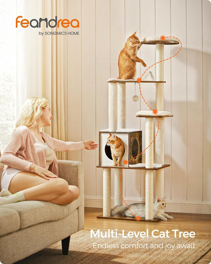 Woodywonders Cat Tree, 65-Inch Modern Cat Tower for Indoor Cats, Multi-Level Cat Condo with 5 Scratching Posts, Perch, Washable Removable Cushions, Cat Furniture, Rustic Brown UPCT166X01