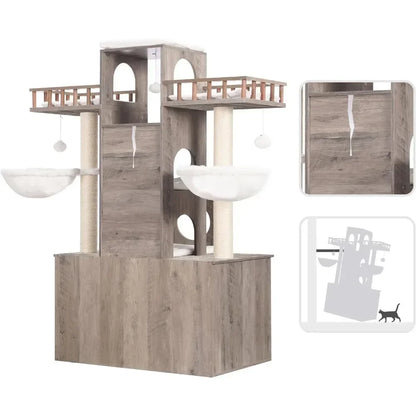 Cat Tree with Litter Box Enclosure for Indoor Big Cat Tower for Large S 20 Lbs Heavy Duty Cats Supplies Pet Products