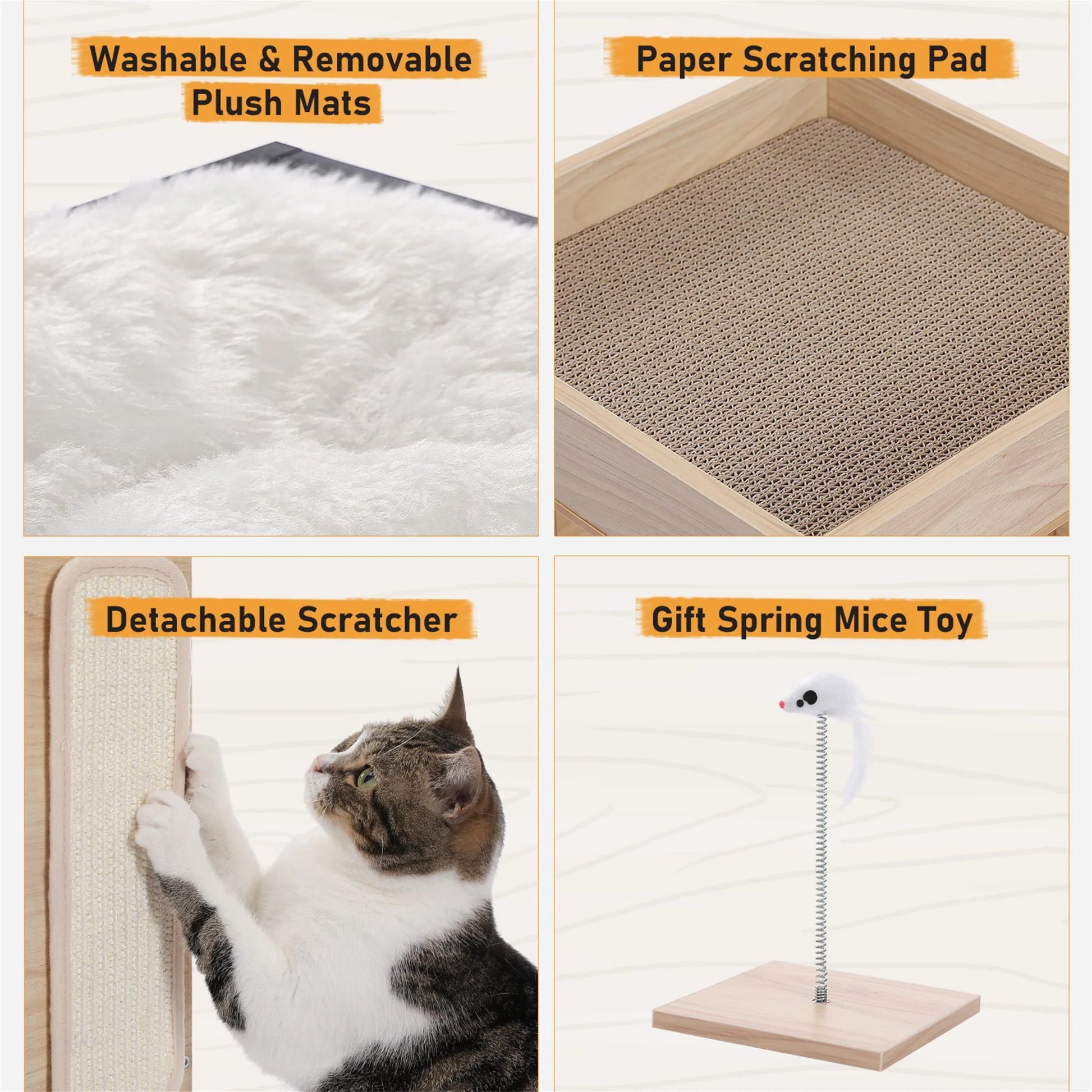 23" Wood Cat House Furniture for Indoor Cats, Modern Cat Tree Tower Bed with Free Cat Toy, Scratching Pad and Removable Soft Mats, Small Cat Condo, Beige