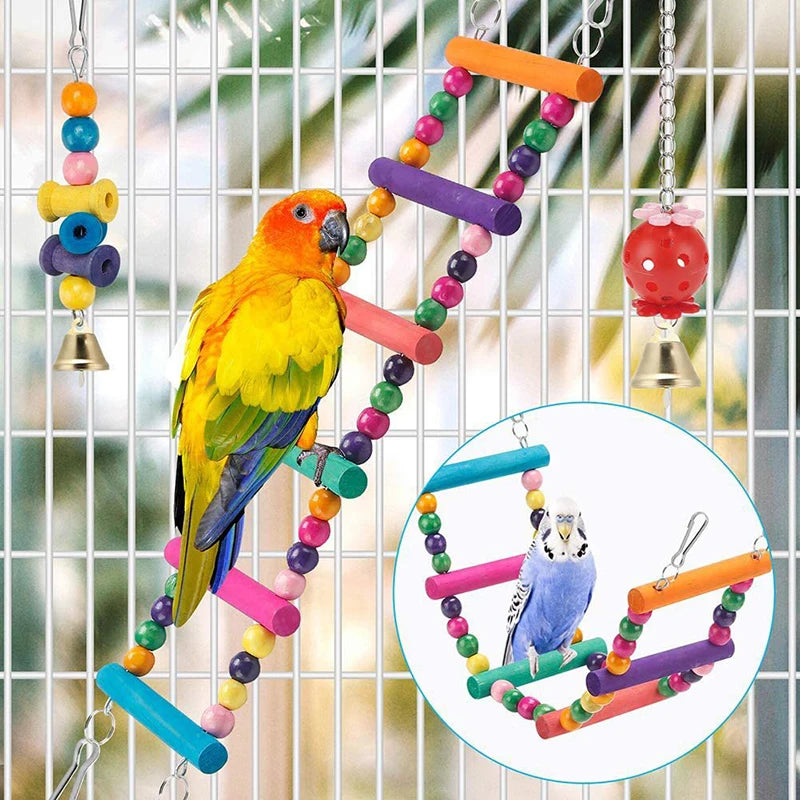 Bird Cage Toys for Parrots Wood Birds Swing Reliable Chewable Bite Bridge Wooden Beads Shape Parrot Toy 11Pcs Bird Toys