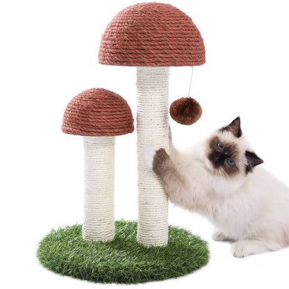 2 Mushrooms Cat Scratching Post 19" Sisal Claw Scratcher for Kittens and Small Cats, Brown